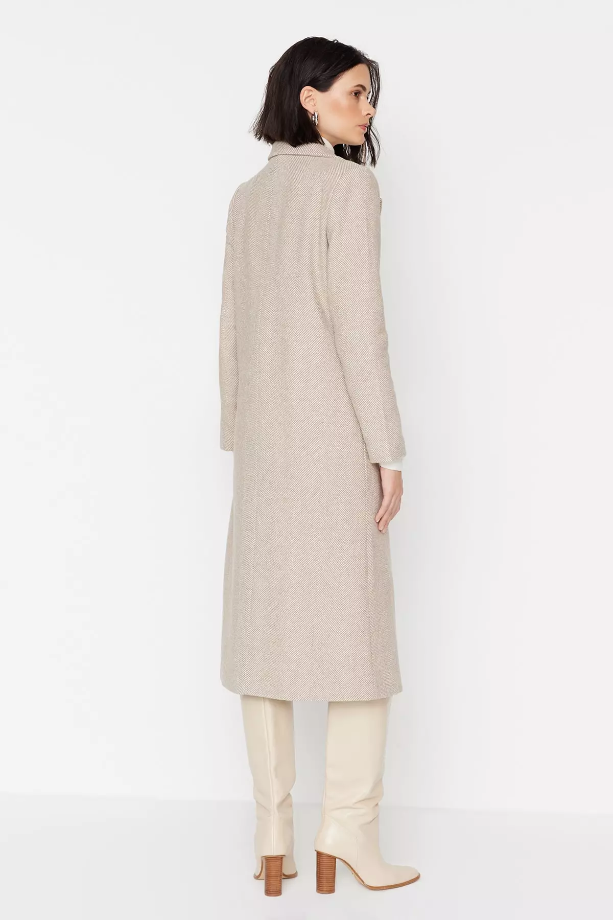 Herringbone Patterned Long Stamped Coat