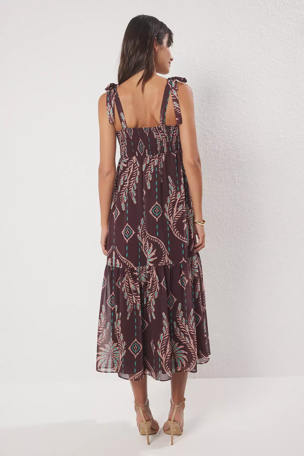 Brown Shawl Pattern Skirt Waist Opening Gipel Maxi Woven Dress TWOSS25EL00710