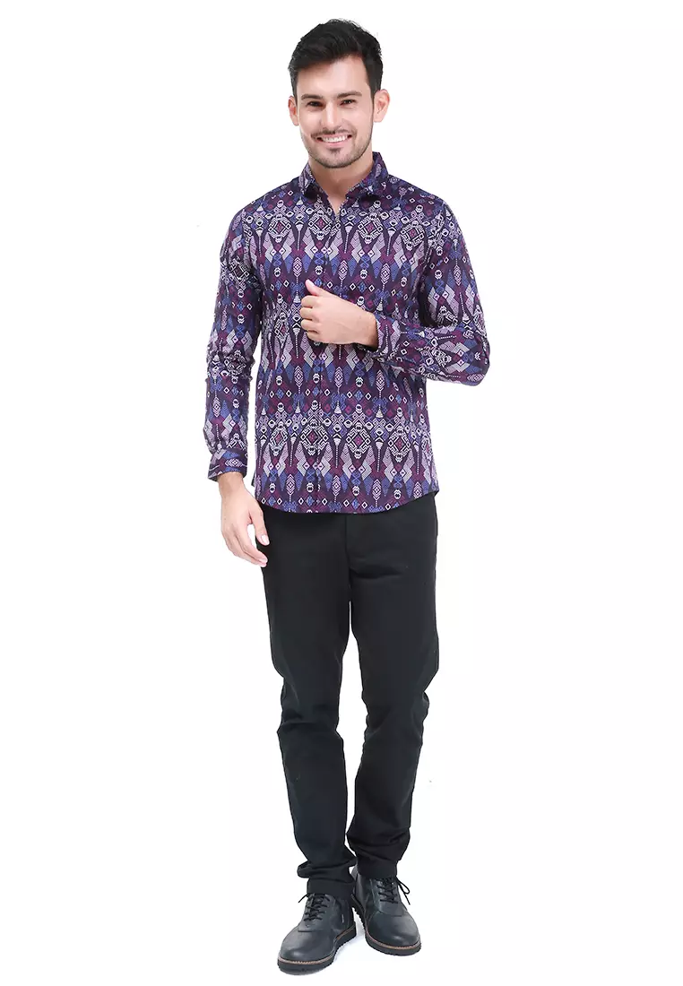 Dwan Kemeja Batik Pria Atasan Formal Longsleeve Shirt Material Cotton ORIGINAL - Purple