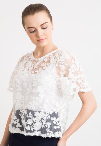 Jual Neumor Flare Sleeve Brocade Flower Blouse White 