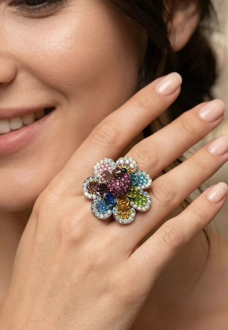 Aksesoris Cincin Wanita Diamante Embellish Floral  Ring Multicolour