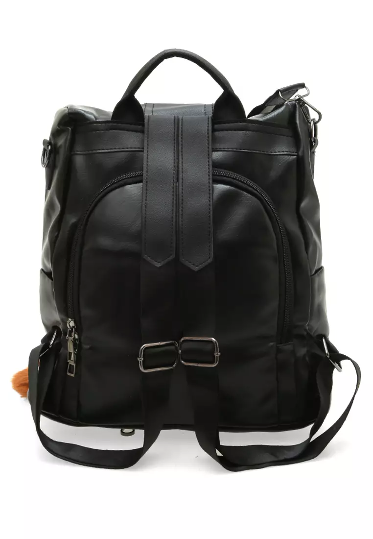 Afra Tas Ransel Wanita Large Compartment Backpack 2in1 Motif Polos Material Leather ORIGINAL - Black