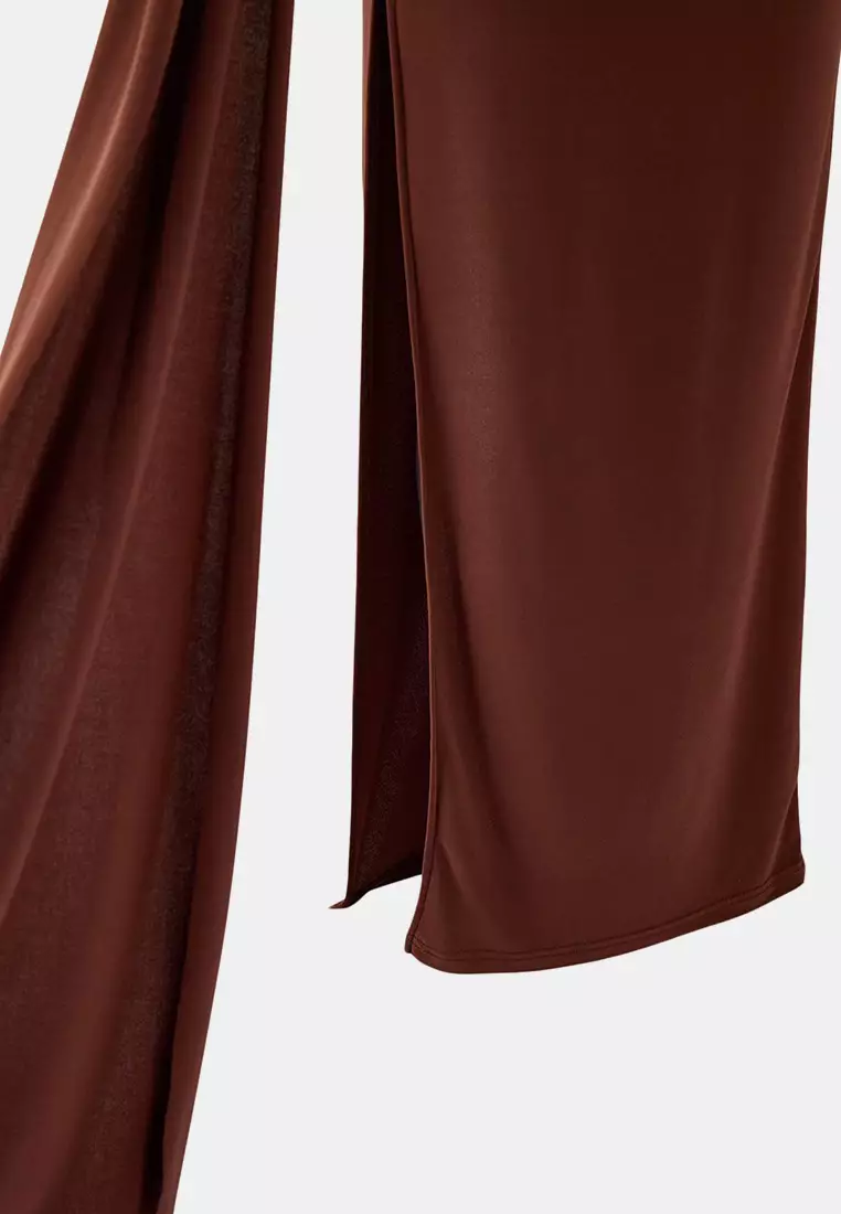 Brown Collar Cut Out Detailed Maxi Evening Dress & Graduation Dress Tprss26Ae2