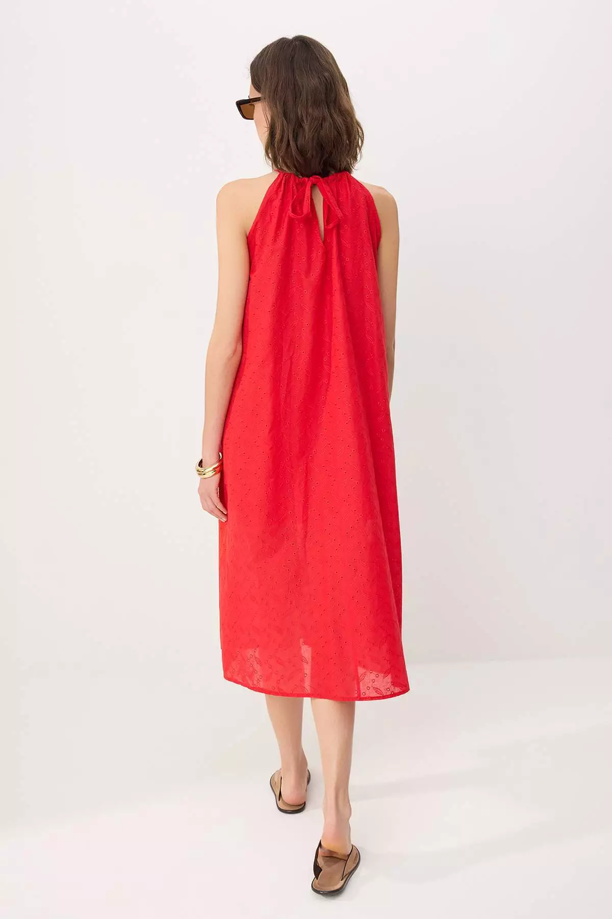 Red Embroidered Relaxed Fit Midi Woven Dress Twoss26El444