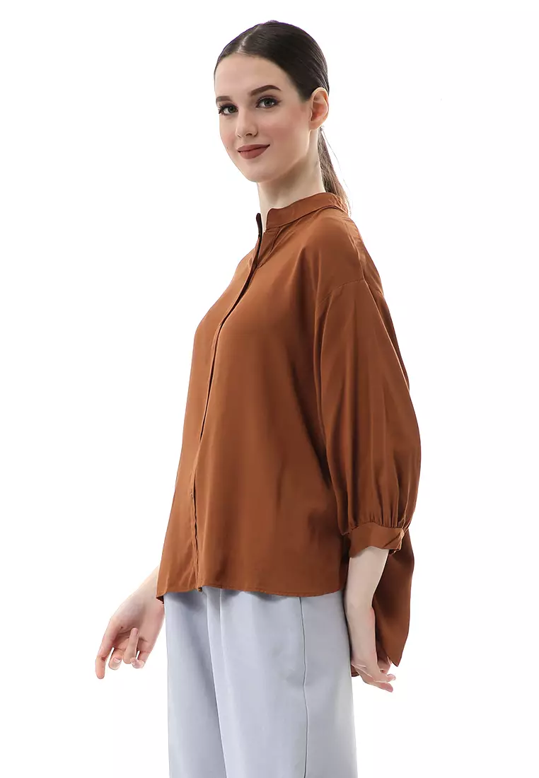Ghita Kemeja Atasan Wanita Motif Polos Long Sleeve High Quality - Caramel