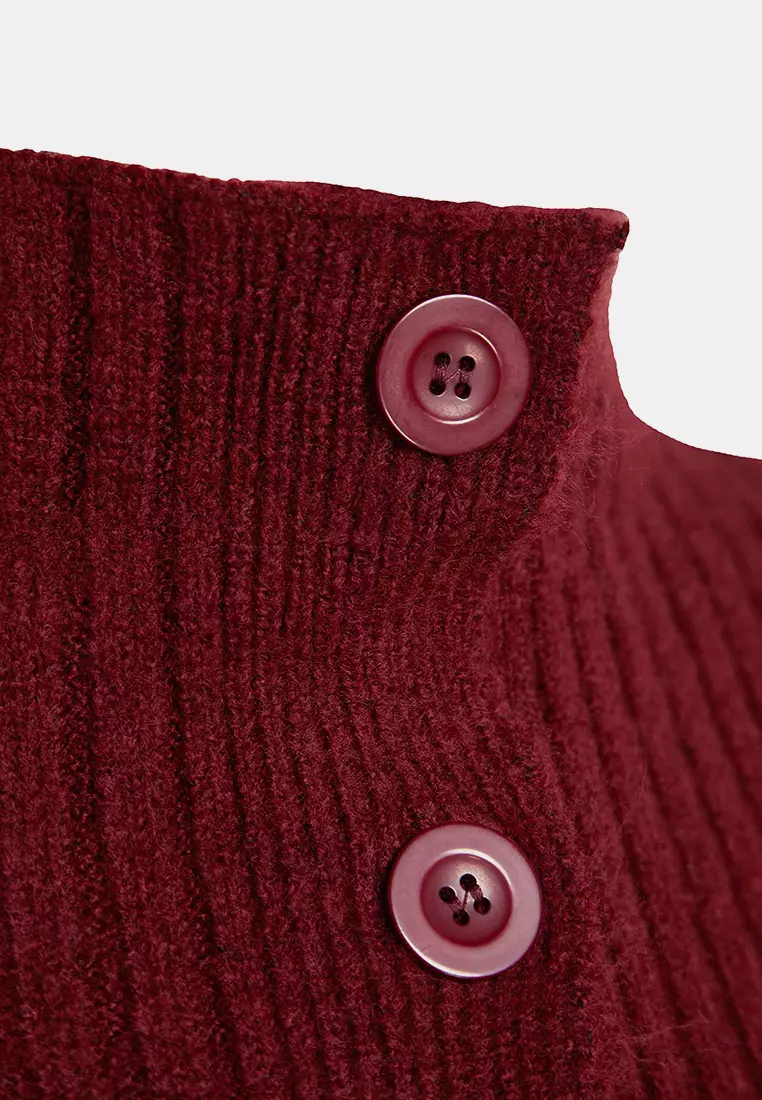 Claret Red Crop Soft Textured Stand Collar Knitwear Cardigan Twoaw22Hi174