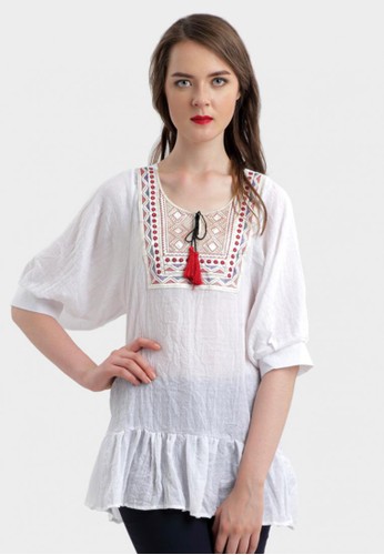 Briscka Embroidery Fringe String Blouse in White
