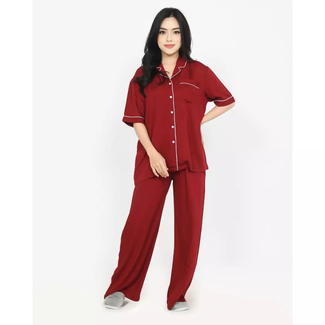 Cotton Oversized Rae MERAH Set Piyama Celana Panjang Polos FREE SLIP ON