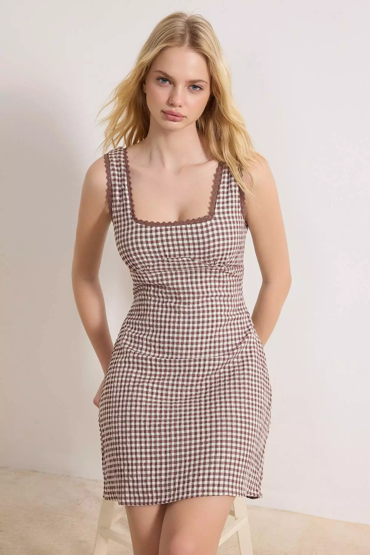 Brown Plaid / Checkered Lace Detailed Short / Mini Woven Dress Twoss26El91