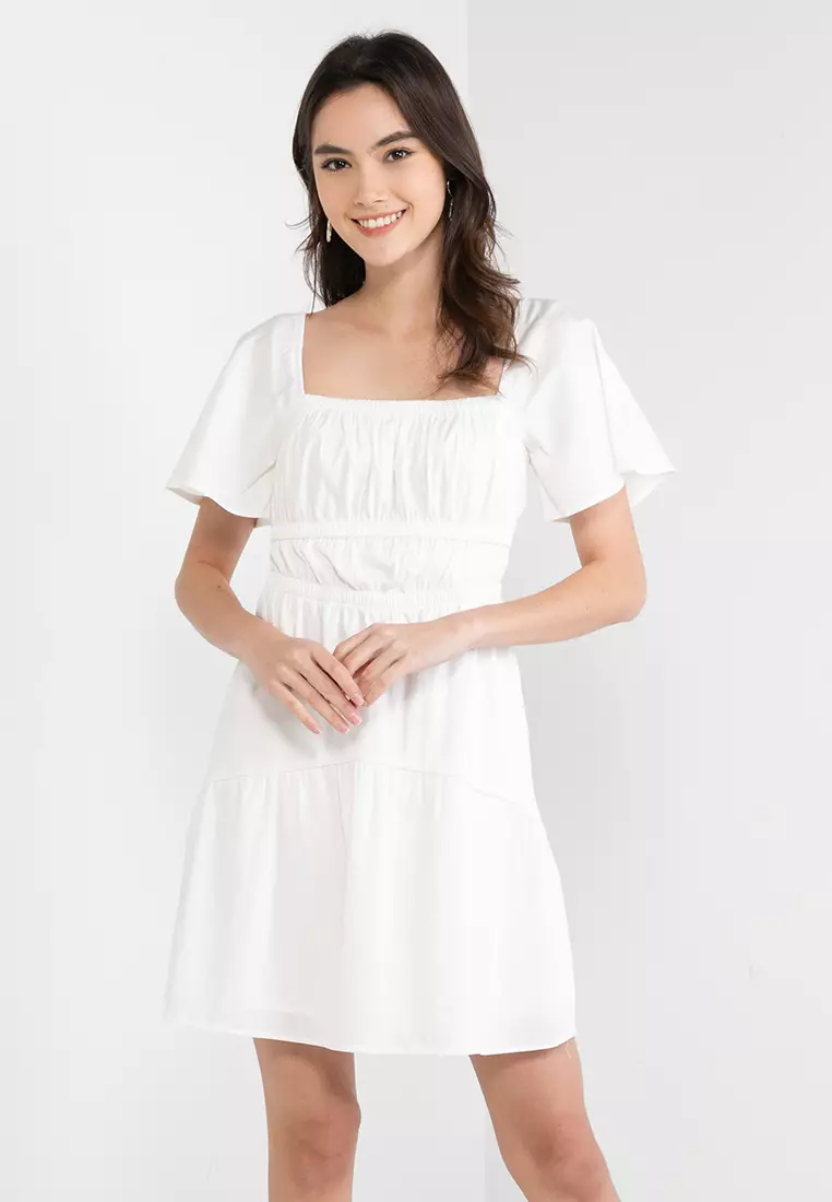White Shirred Dress - Babydoll Dress - Flutter Sleeve