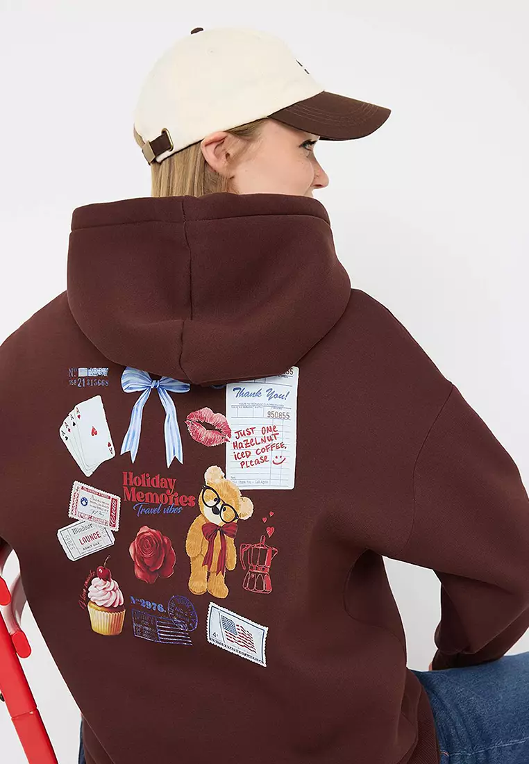 Teen Brown Back Printed Oversize Pattern Hooded Polar Fleece Knitted Sweatshirt