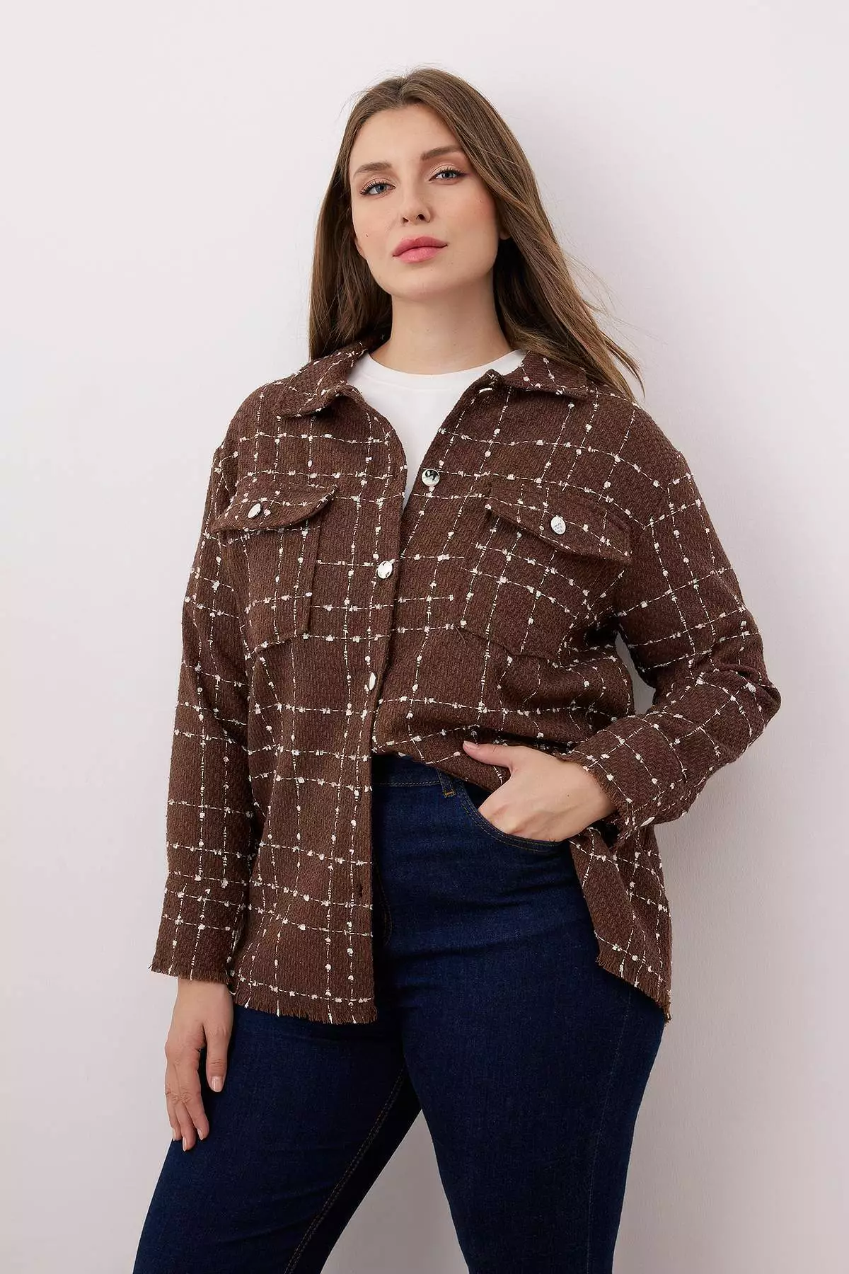Brown Tweed Long Sleeve Winter Woven Plus Size Shirt/Jacket