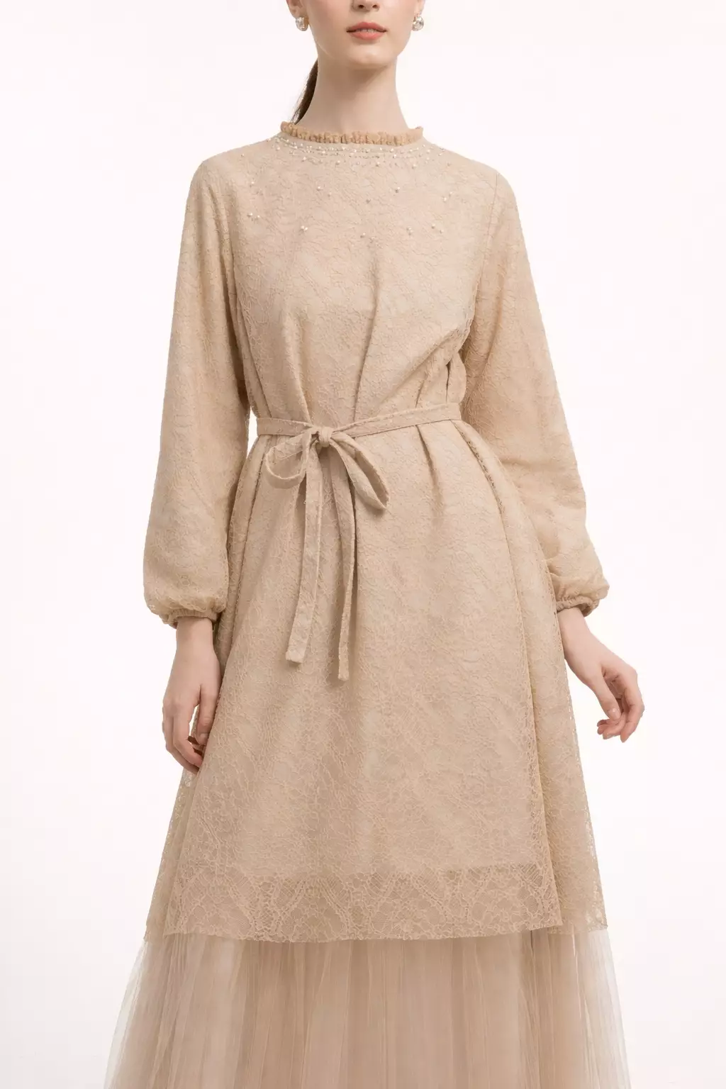 WOMEN'S CREAM TULLE LAYERED BRUKAT OUTER DRESS