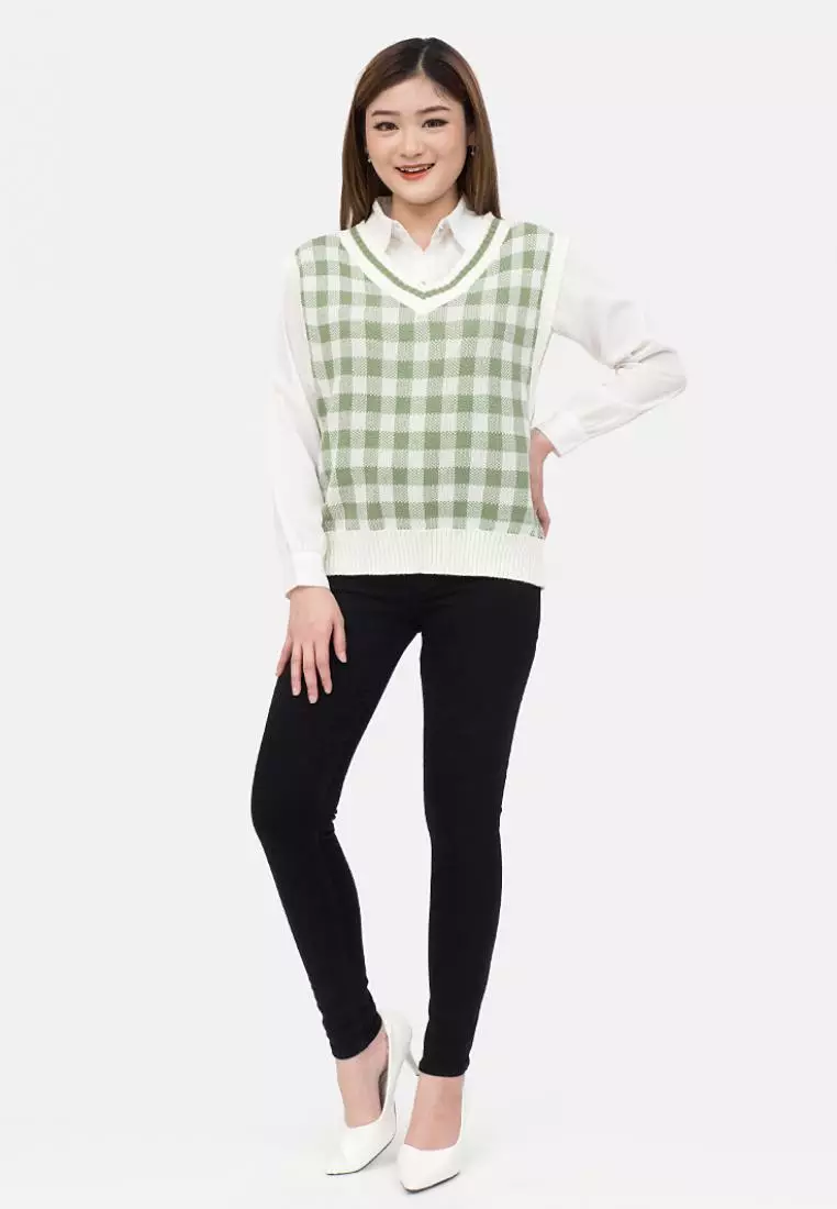 Big Checker Knit Vest in Sage Green