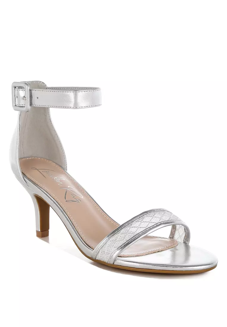 Metallic Faux Leather Kitten Heel Sandals In Silver