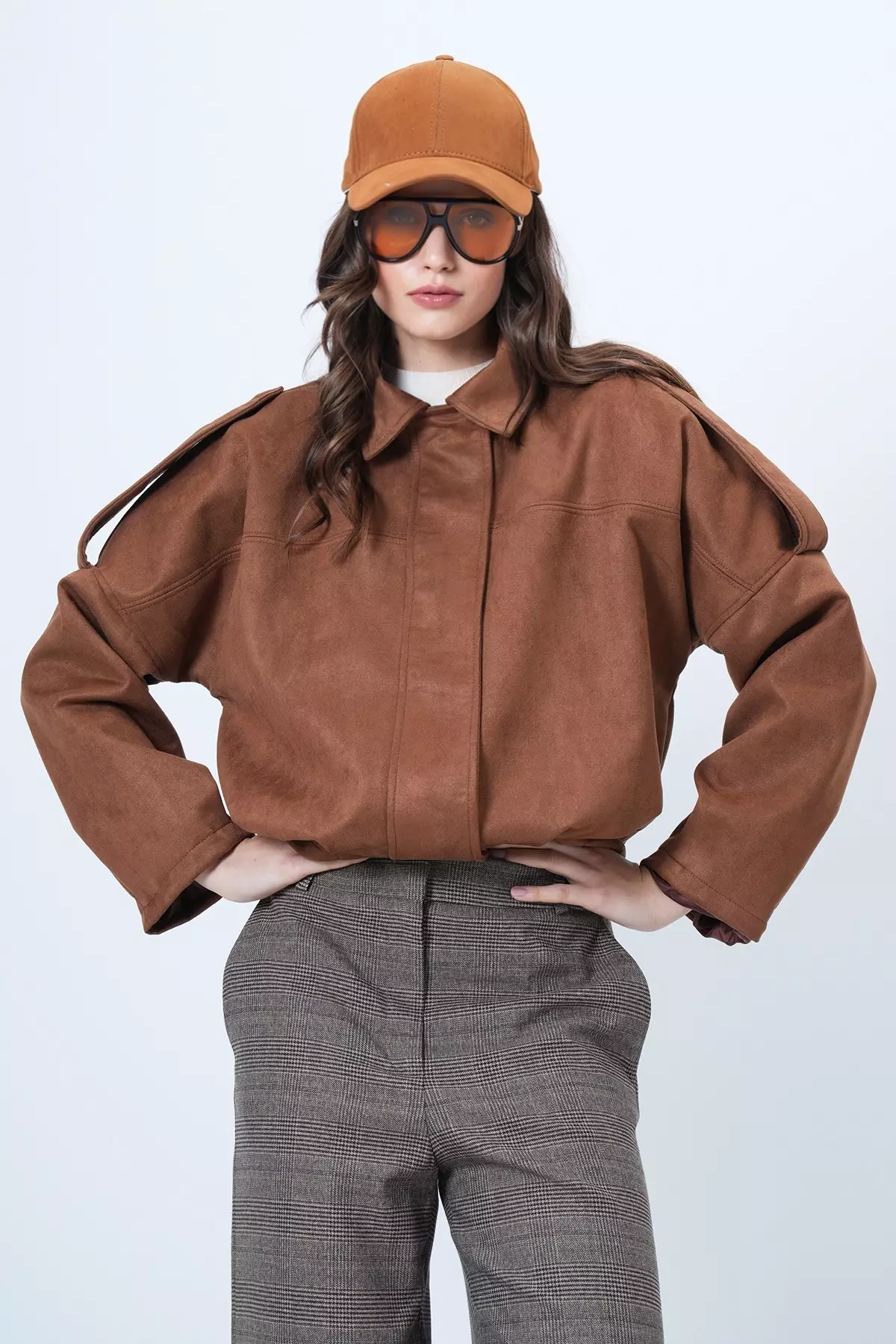 Brown Shoulder Epaulettes Lined Faux Suede Bomber Jacket Alc-X14526