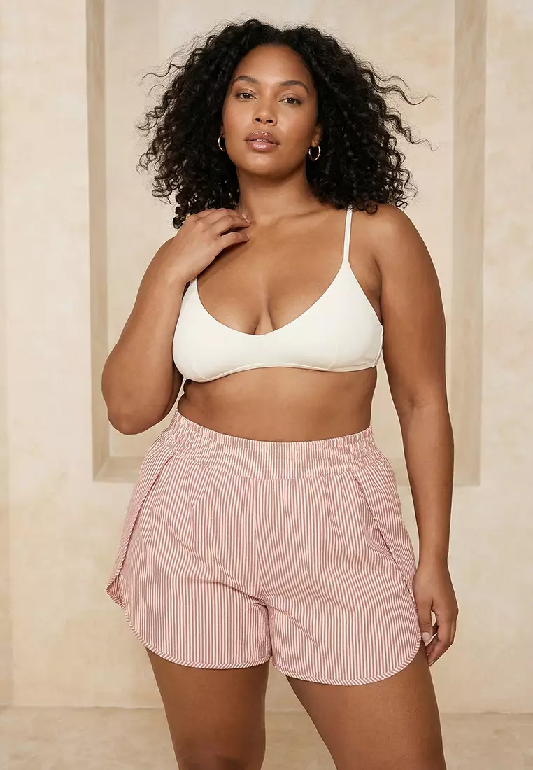 Beachwear Salmon Striped Seersucker Textured Fabric Plus Size Beach Shorts Tbbss26Ap00007
