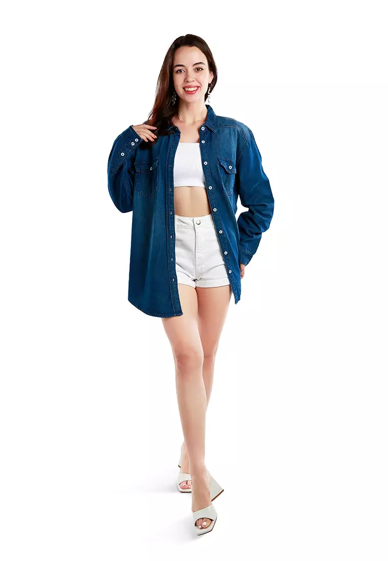 Kemeja Denim Ombre Kancing Bawah Biru Tengah