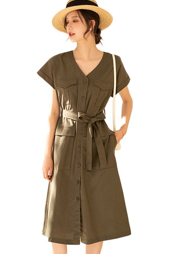 Sunnydaysweety green French Style Linen V-Neck Waist Mid-Length One Piece Dress A21031206GR A989CAA8D44D3DGS_1
