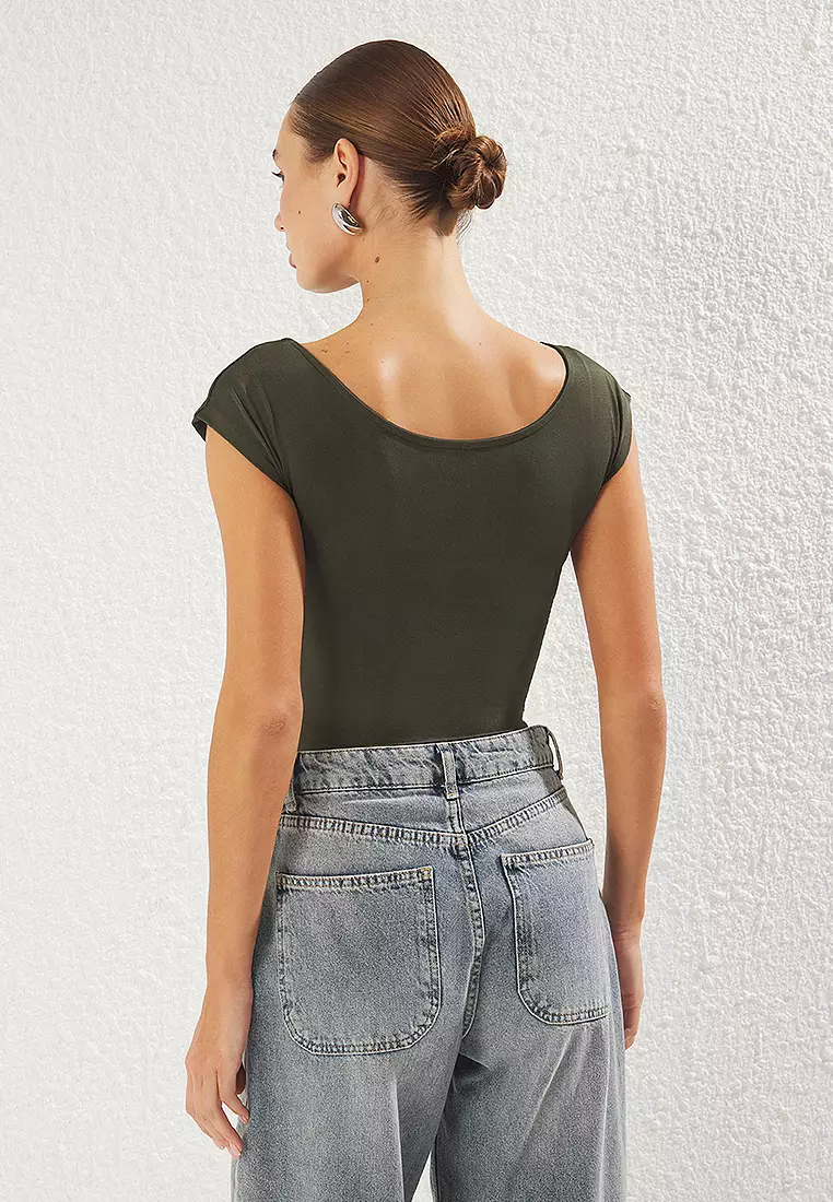 Khaki Fitted Boat Neck Flexible Snap Knit Bodysuit