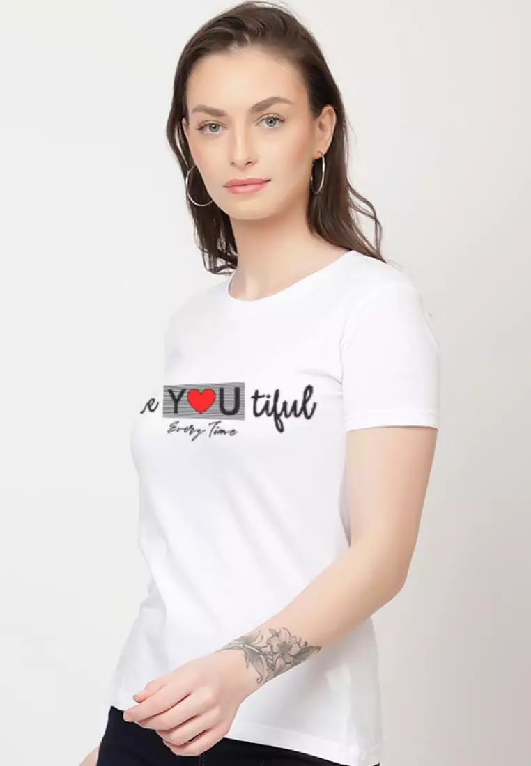 BeBeautiful  Relaxed Short Sleeve Stylish White Cotton Casual Graphic Print Tee/TShirt