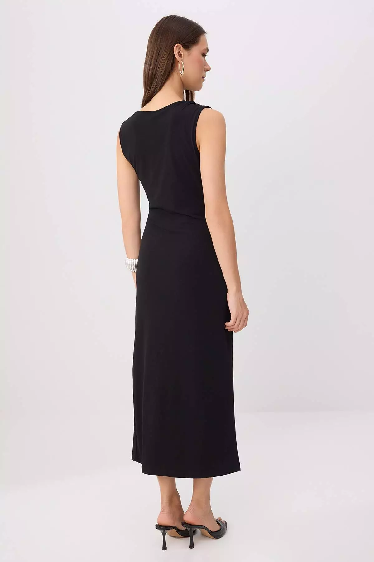 Black Bodycon Asymmetrical Collar Sleeveless Shirred Midi Stretchy Knitted Dress Twoss26El01062