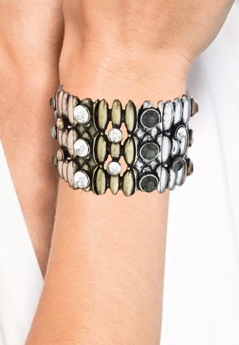 Tricoloured Elastic Diamante Bracelet Gelang Wanita Silver