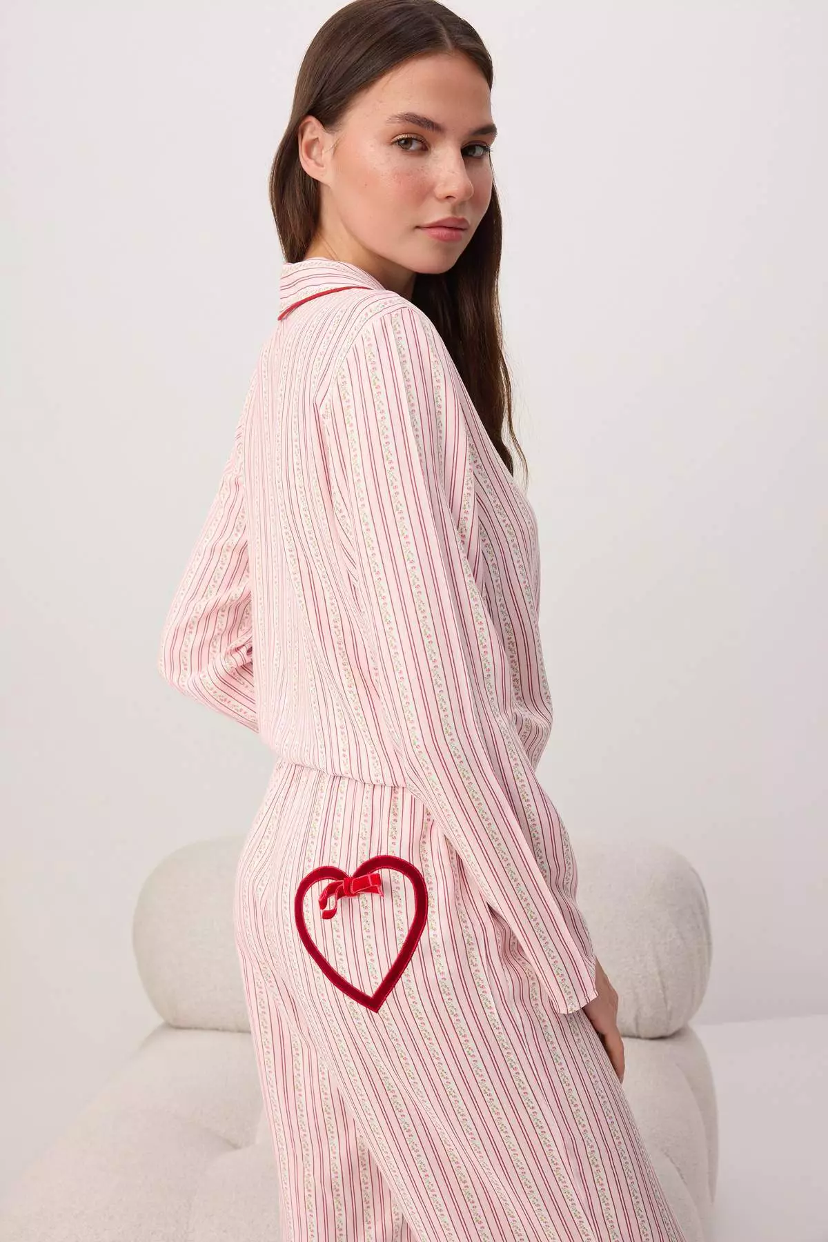 Multi-Colored Floral Heart Detailed Viscose Woven Pajama Set Thmss26Pt6
