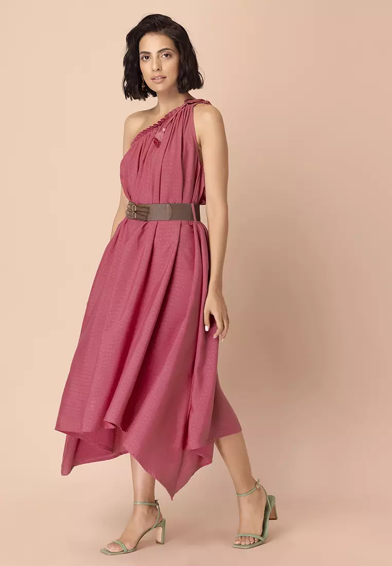 Pink One Shoulder Dress with Leather Belt