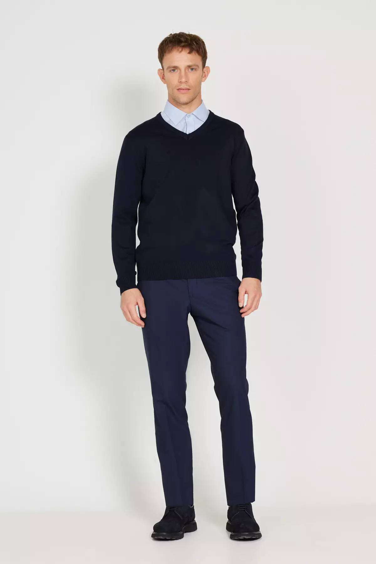 Navy Blue Standard Fit Regular Cut V-Neck Knitwear Sweater