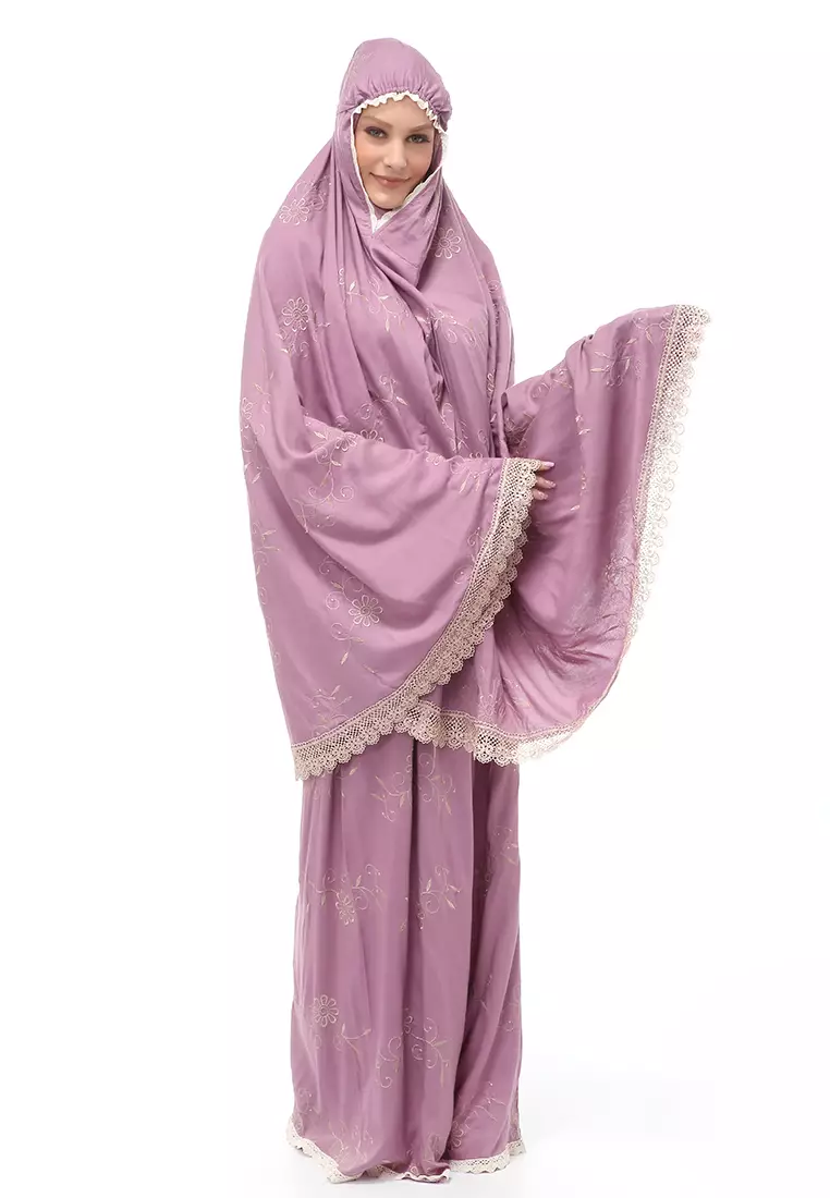 Hanjani Mukena Muslimah Atasan Bawahan Wanita Motif Bunga Relaxed Fit - Lavender