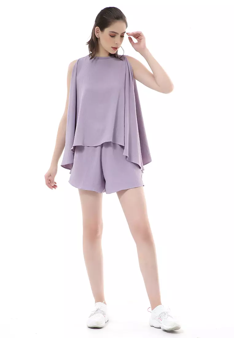 Nayra One Set Setelan Wanita Sleeveless Blouse with Short Pants Plain Motive Material Crepe Crinkle ORIGINAL - Lilac