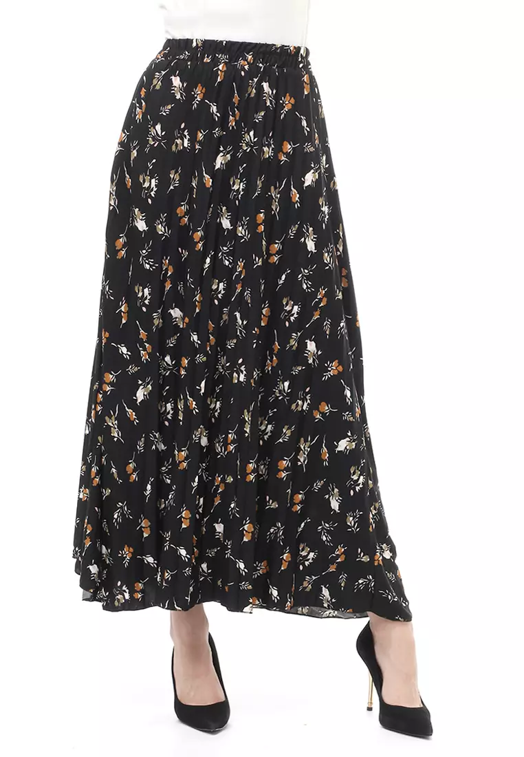 Rok Plisket Motif Print Design Vintage Rubbery Waist Bawahan Wanita - Daily Hitam