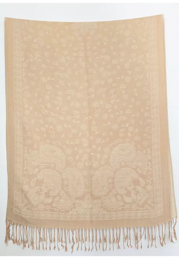 Reversible Viscose Paisley Pattern Skull Pashmina Shawl Syal Wanita Beige Cream