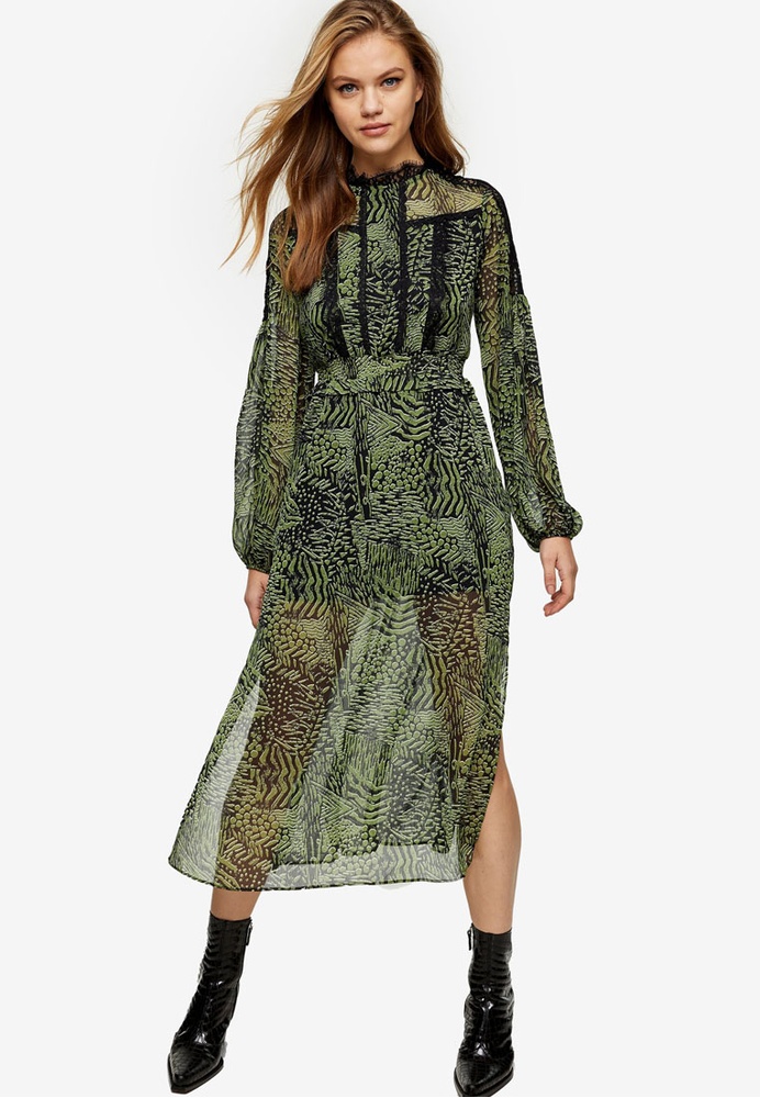 Download Buy TOPSHOP Green Animal Print Lace Midi Dress Online ...