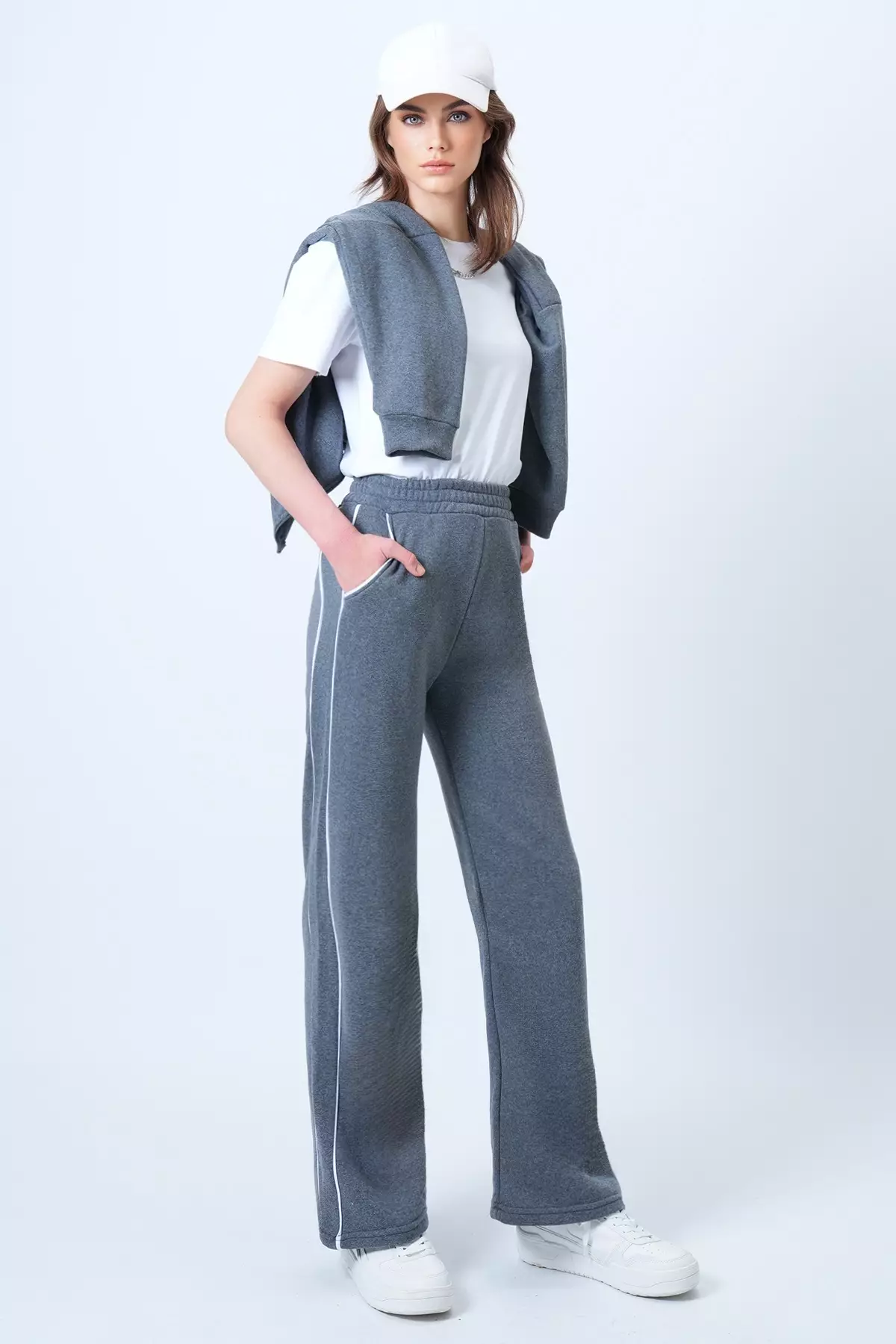 Women'S Anthracite Wide Leg Track Pants With Piping Detail And Elastic Waist Alc-X14611