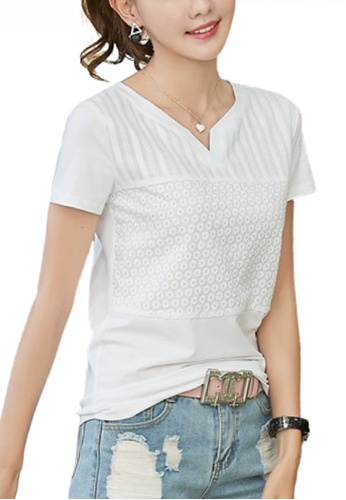 HAPPY FRIDAYS white Patch Textured Fabric Short Sleeve T-shirt JW GW-88872 29A5EAAB39A2C2GS_1