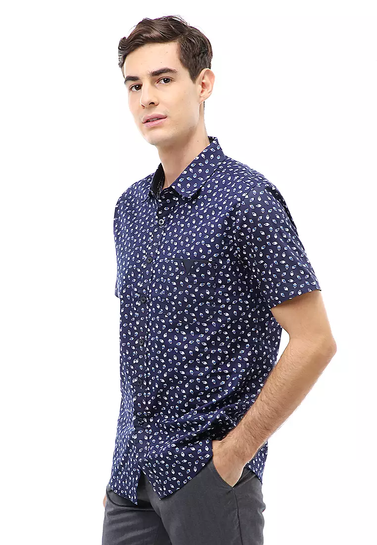 Dwan Atasan Kasual Kemeja Slim Fit Pria Lengan Pendek Simple Material Cotton ORIGINAL - Navy