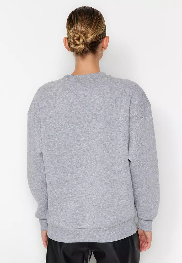 Grey Embroidered Regular Fit Thick Fleece Inside Sweatshirt