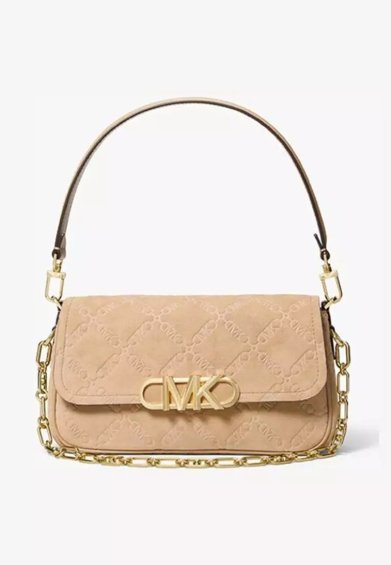 Michael Kors Parker Medium Empire Logo Embossed Suede Shoulder Bag Camel
