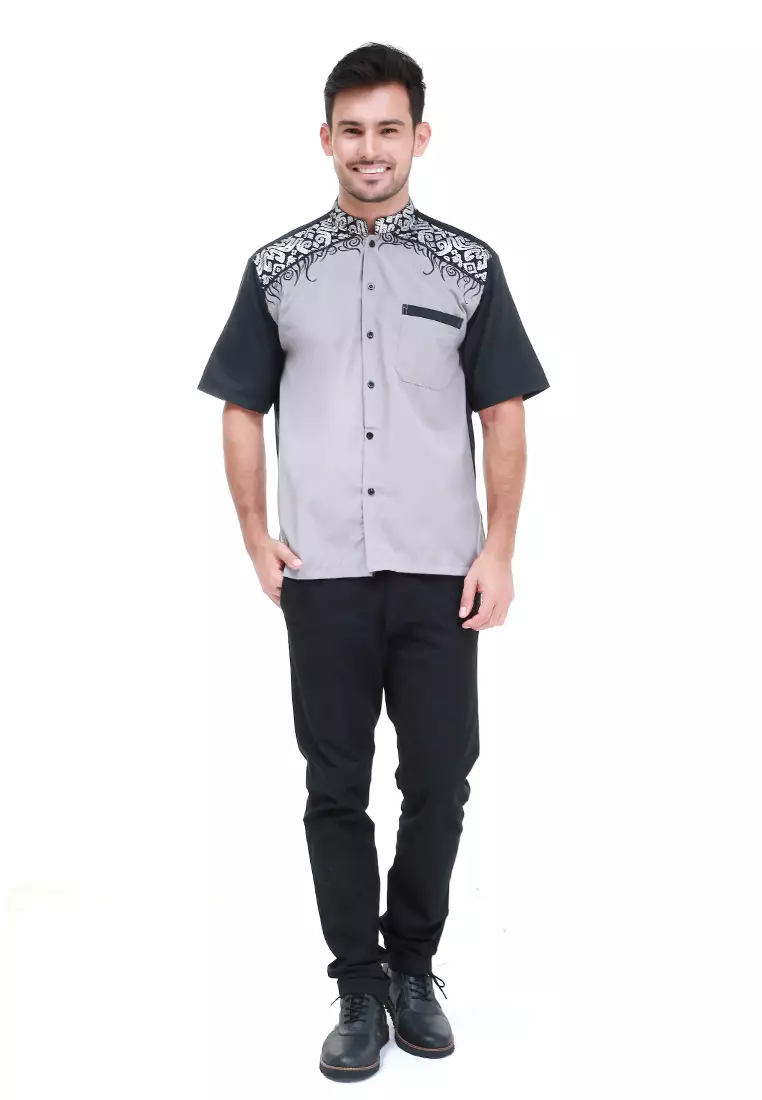 Dwan Kemeja Batik Pria Jasmine Atasan Formal Shortsleeve Shirt Material Cotton ORIGINAL - Grey
