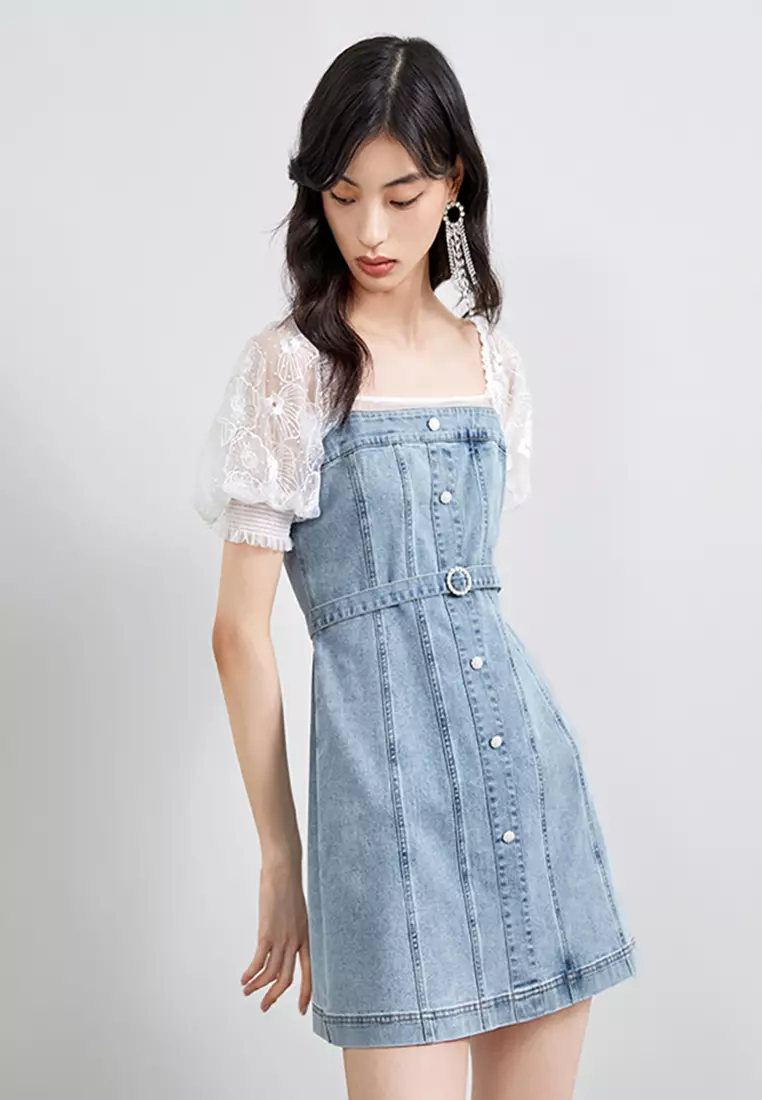 Hopeshow Puff Sleeve Cut Out Denim Dress 2024 Buy Hopeshow