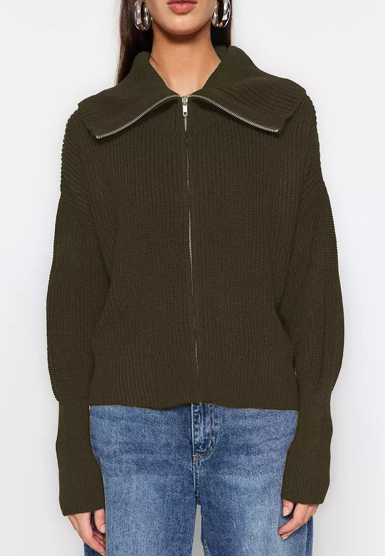 Turn Down Collar Zippered Khaki Knitwear Cardigan Wide Fit