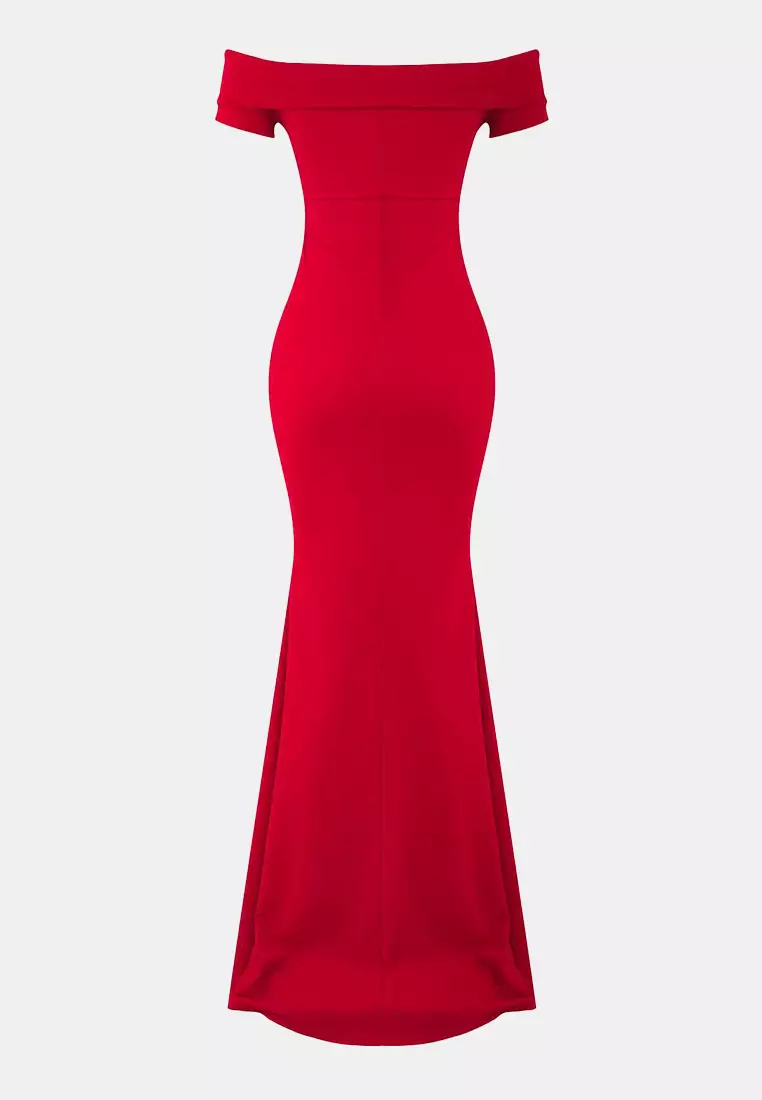 Red Carmen Collar Fish Cut Maxi Stylish Evening Dress