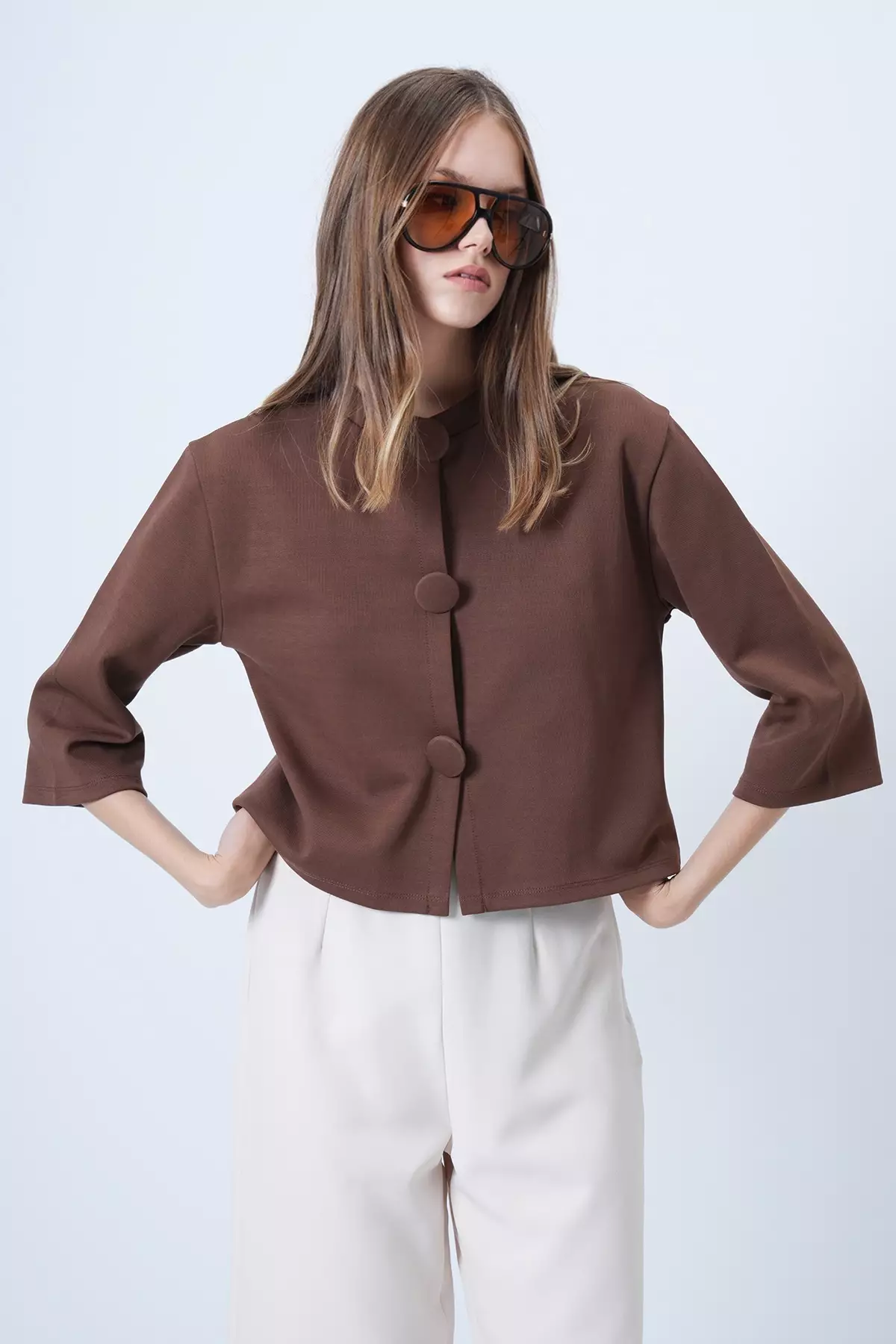 Brown Coated Buttoned Crew Neck Special Design Crop Jacket Alc-X14647