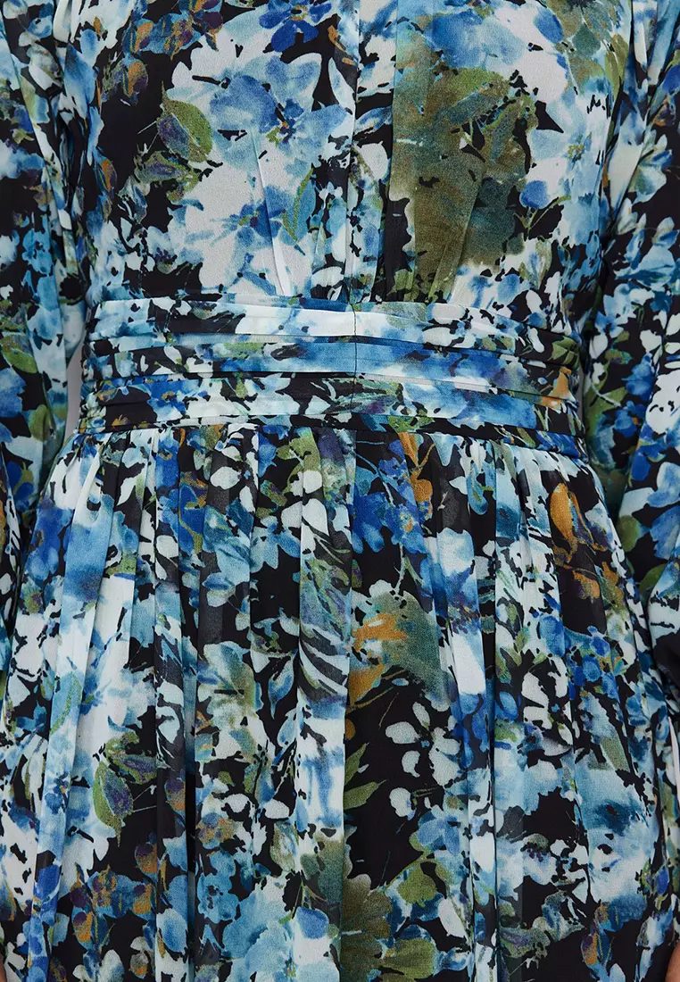 Black Blue Floral Sash Detailed Woven Dress TCTSS24EB00045