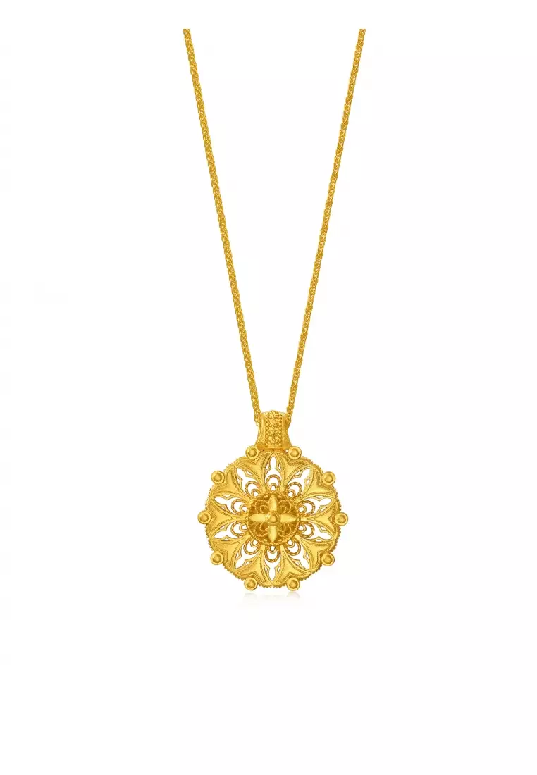 999.9 24K Solid Gold Cultural Blessings Diamond Mandala Necklace for Women 95564N
