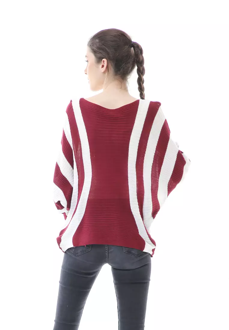 Viana Blouse Rajut Atasan Wanita Motif Zebra Stripe Oversize Jumbo Premium Quality - Maroon