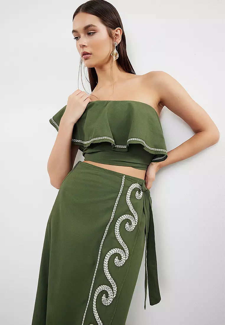 Cotton One Shoulder Blouse With Midi Skirt Beach Set