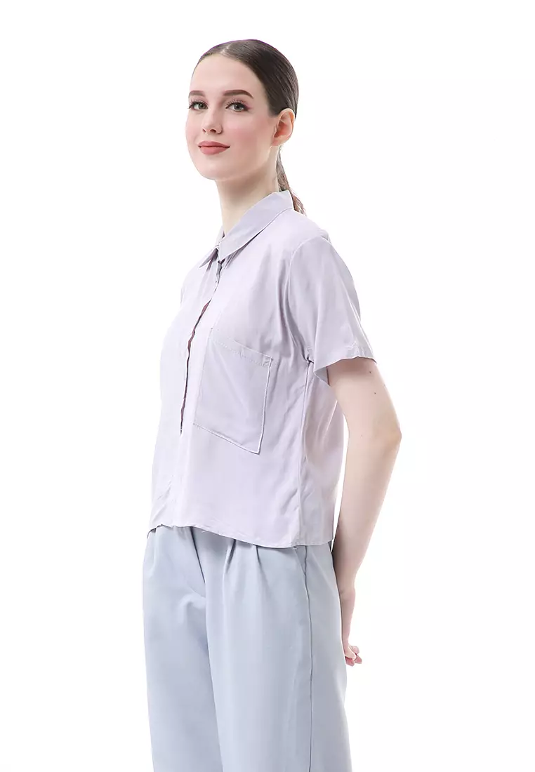 Melinda Kemeja Crop Top Atasan Wanita Motif Polos Relaxed Fit - Grey